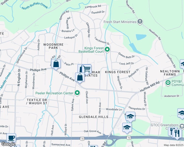 map of restaurants, bars, coffee shops, grocery stores, and more near 1205 Haverhill Drive in Greensboro