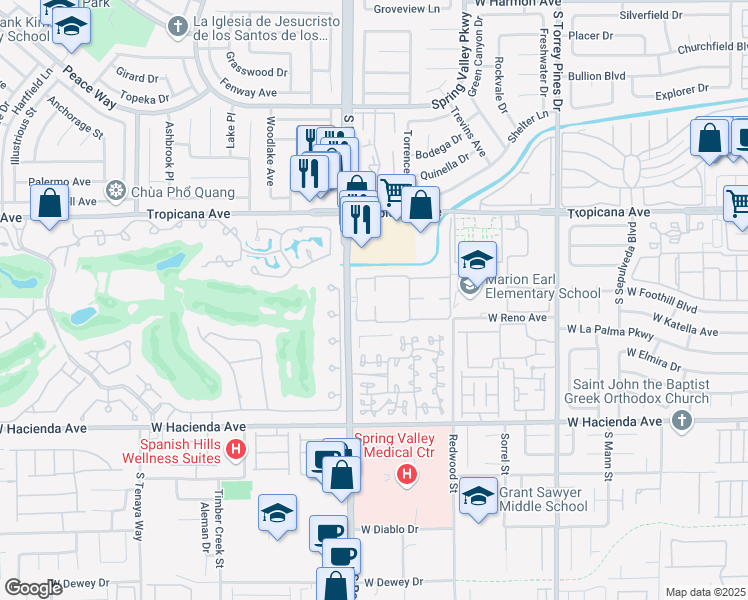 map of restaurants, bars, coffee shops, grocery stores, and more near 5002 South Rainbow Boulevard in Las Vegas