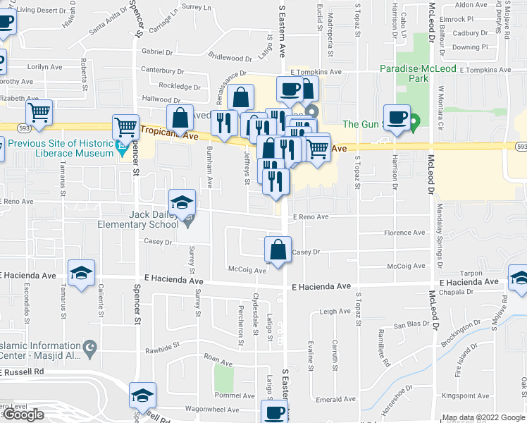 map of restaurants, bars, coffee shops, grocery stores, and more near 5060 Jeffreys Street in Las Vegas
