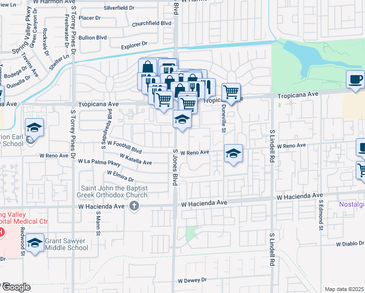 map of restaurants, bars, coffee shops, grocery stores, and more near 5000 South Jones Boulevard in Las Vegas