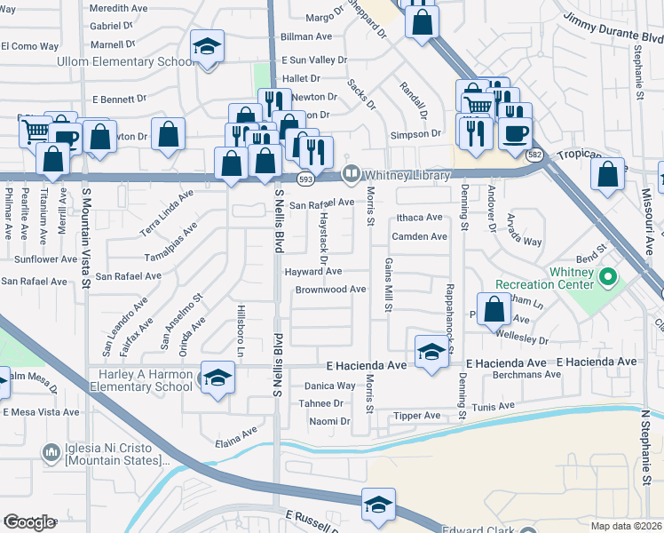 map of restaurants, bars, coffee shops, grocery stores, and more near 5055 Haystack Drive in Las Vegas
