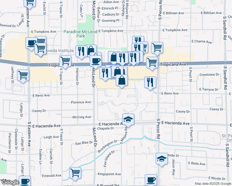 map of restaurants, bars, coffee shops, grocery stores, and more near 3131 Key Largo Drive in Las Vegas