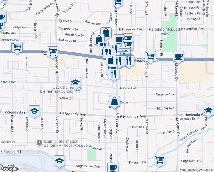 map of restaurants, bars, coffee shops, grocery stores, and more near 5060 Jeffreys Street in Las Vegas