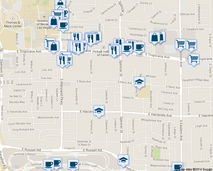 map of restaurants, bars, coffee shops, grocery stores, and more near 28 East Reno Avenue in Las Vegas