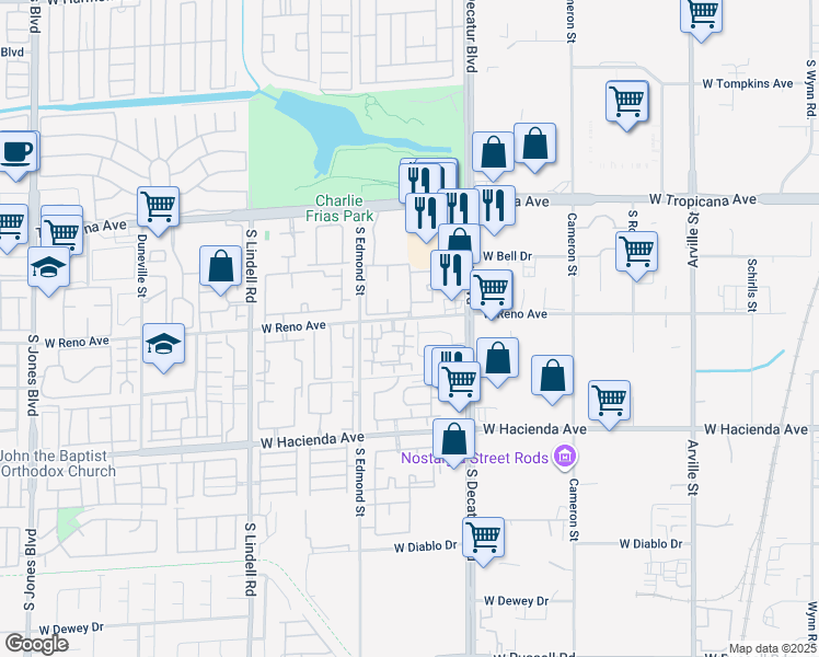 map of restaurants, bars, coffee shops, grocery stores, and more near 5155 West Tropicana Avenue in Las Vegas