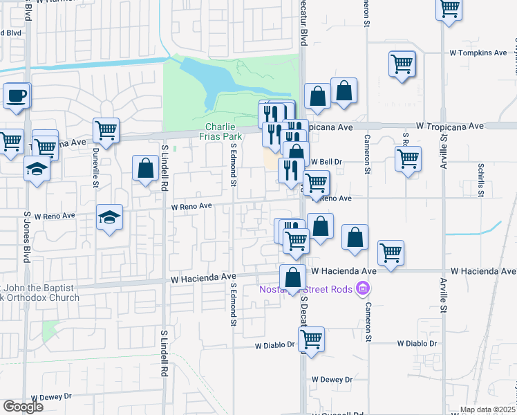 map of restaurants, bars, coffee shops, grocery stores, and more near 5155 West Tropicana Avenue in Las Vegas