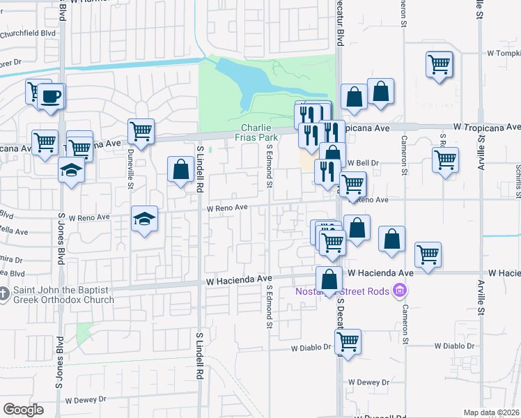 map of restaurants, bars, coffee shops, grocery stores, and more near 5419 West Tropicana Avenue in Las Vegas