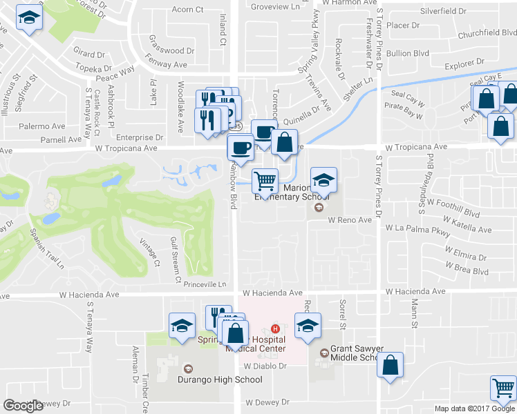 map of restaurants, bars, coffee shops, grocery stores, and more near 5004 South Rainbow Boulevard in Las Vegas