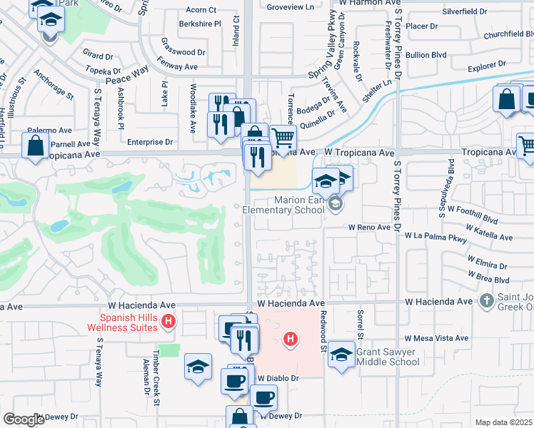 map of restaurants, bars, coffee shops, grocery stores, and more near 5004 South Rainbow Boulevard in Las Vegas