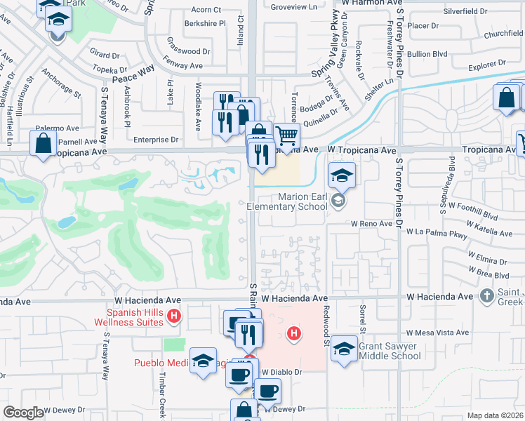 map of restaurants, bars, coffee shops, grocery stores, and more near 5004 South Rainbow Boulevard in Las Vegas