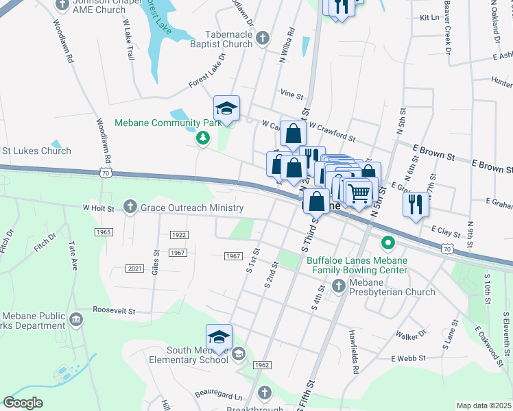 map of restaurants, bars, coffee shops, grocery stores, and more near 301 West Washington Street in Mebane