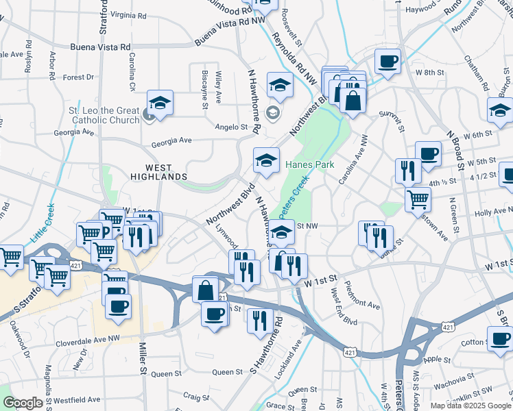 map of restaurants, bars, coffee shops, grocery stores, and more near 210 Hawthorne Road Northwest in Winston-Salem