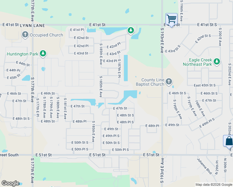 map of restaurants, bars, coffee shops, grocery stores, and more near 18706 East 45th Place South in Tulsa