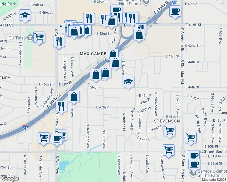map of restaurants, bars, coffee shops, grocery stores, and more near 5526 East 46th Street in Tulsa