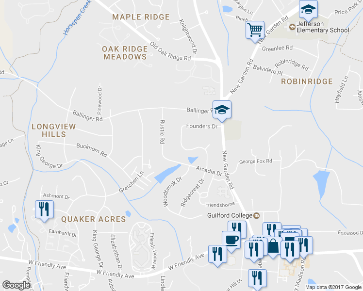map of restaurants, bars, coffee shops, grocery stores, and more near 1217 Foxfire Drive in Greensboro