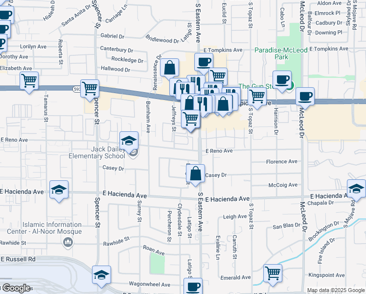 map of restaurants, bars, coffee shops, grocery stores, and more near 5080 Jeffreys Street in Las Vegas