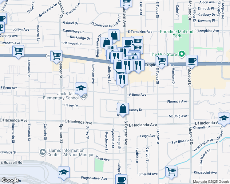 map of restaurants, bars, coffee shops, grocery stores, and more near 5060 Jeffreys Street in Las Vegas