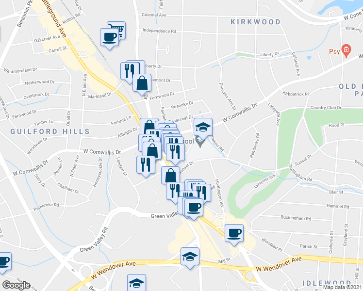 map of restaurants, bars, coffee shops, grocery stores, and more near 13 Branch Court in Greensboro