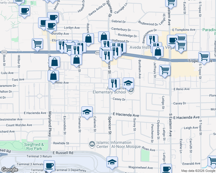 map of restaurants, bars, coffee shops, grocery stores, and more near 1751 East Reno Avenue in Las Vegas