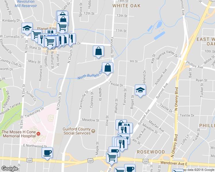 map of restaurants, bars, coffee shops, grocery stores, and more near 1425 Vine Street in Greensboro