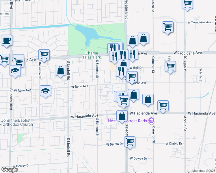 map of restaurants, bars, coffee shops, grocery stores, and more near 5155 West Tropicana Avenue in Las Vegas