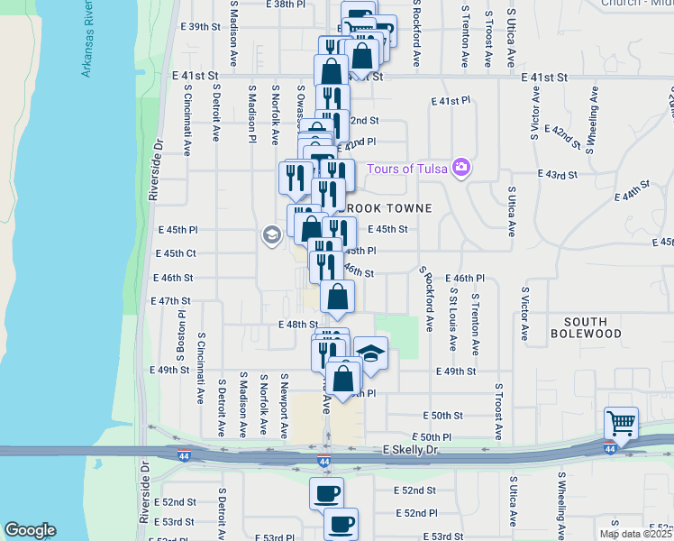 map of restaurants, bars, coffee shops, grocery stores, and more near 4518 S Peoria Ave in Tulsa