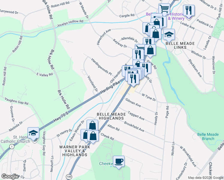 map of restaurants, bars, coffee shops, grocery stores, and more near 6205 Harding Pike in Nashville