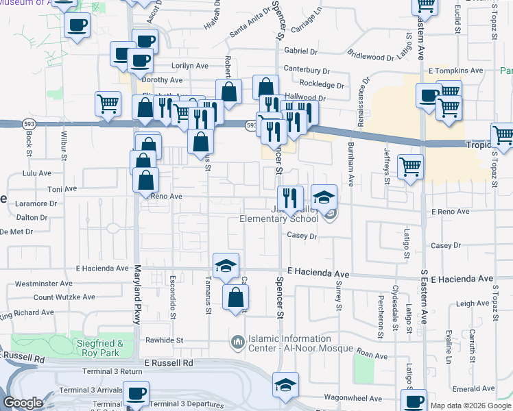 map of restaurants, bars, coffee shops, grocery stores, and more near 1751 East Reno Avenue in Las Vegas