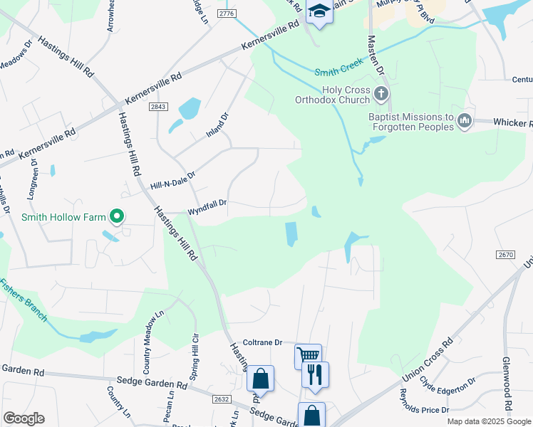 map of restaurants, bars, coffee shops, grocery stores, and more near 1052 Wyndfall Drive in Kernersville