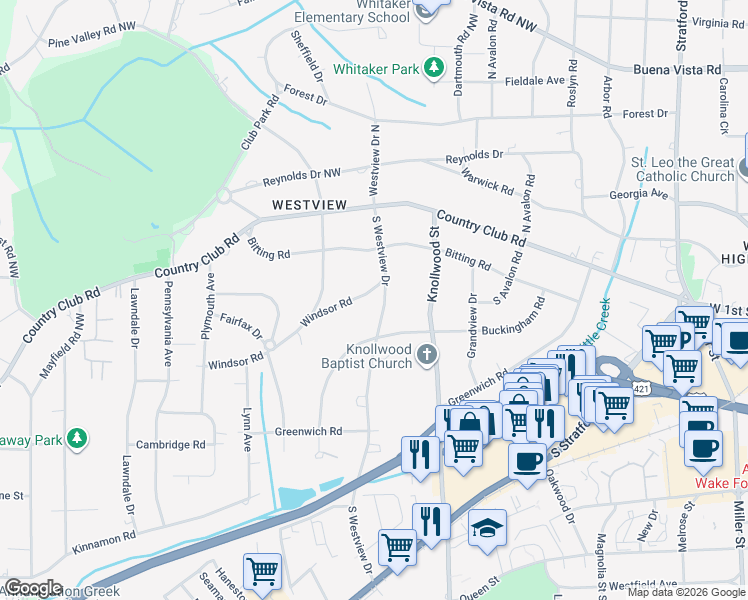 map of restaurants, bars, coffee shops, grocery stores, and more near 2703 Windsor Road in Winston-Salem