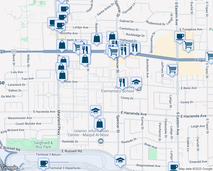 map of restaurants, bars, coffee shops, grocery stores, and more near 1751 East Reno Avenue in Las Vegas