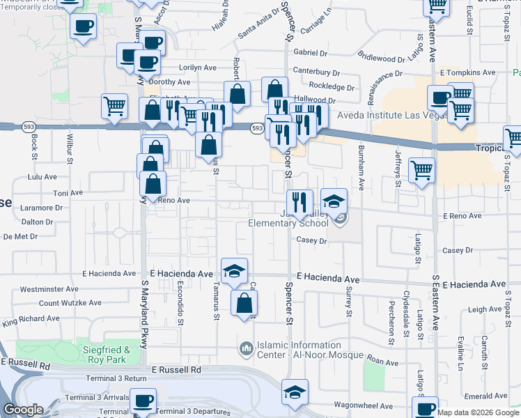 map of restaurants, bars, coffee shops, grocery stores, and more near 1751 East Reno Avenue in Las Vegas