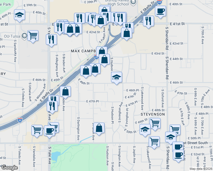 map of restaurants, bars, coffee shops, grocery stores, and more near 4534 South Hudson Place in Tulsa