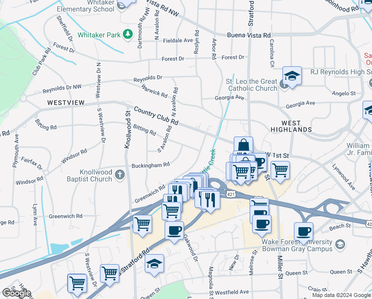 map of restaurants, bars, coffee shops, grocery stores, and more near 110 Buckingham Road in Winston-Salem