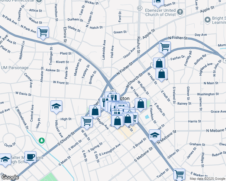 map of restaurants, bars, coffee shops, grocery stores, and more near in Glen Raven