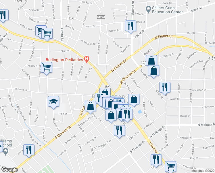 map of restaurants, bars, coffee shops, grocery stores, and more near 336 West Webb Avenue in Burlington