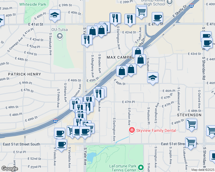 map of restaurants, bars, coffee shops, grocery stores, and more near 5100 East Skelly Drive in Tulsa