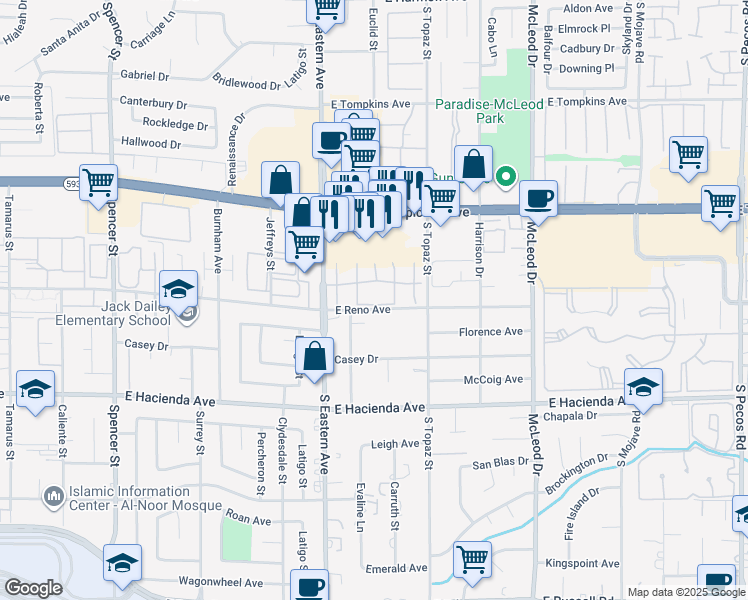 map of restaurants, bars, coffee shops, grocery stores, and more near 2481 Paradise Village Way in Las Vegas