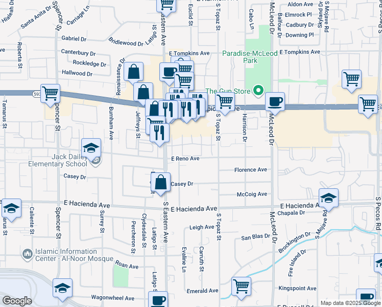 map of restaurants, bars, coffee shops, grocery stores, and more near 2481 Paradise Village Way in Las Vegas
