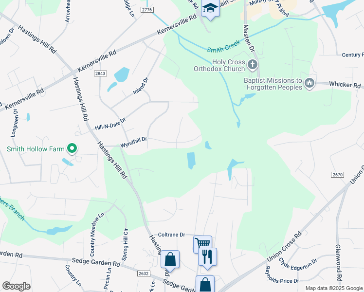 map of restaurants, bars, coffee shops, grocery stores, and more near 1104 Wyndfall Drive in Kernersville