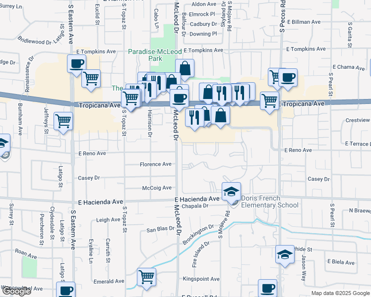 map of restaurants, bars, coffee shops, grocery stores, and more near 5092 Mandalay Springs Drive in Las Vegas