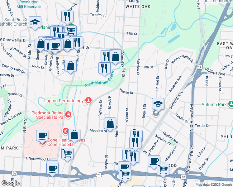 map of restaurants, bars, coffee shops, grocery stores, and more near 1425 Vine Street in Greensboro