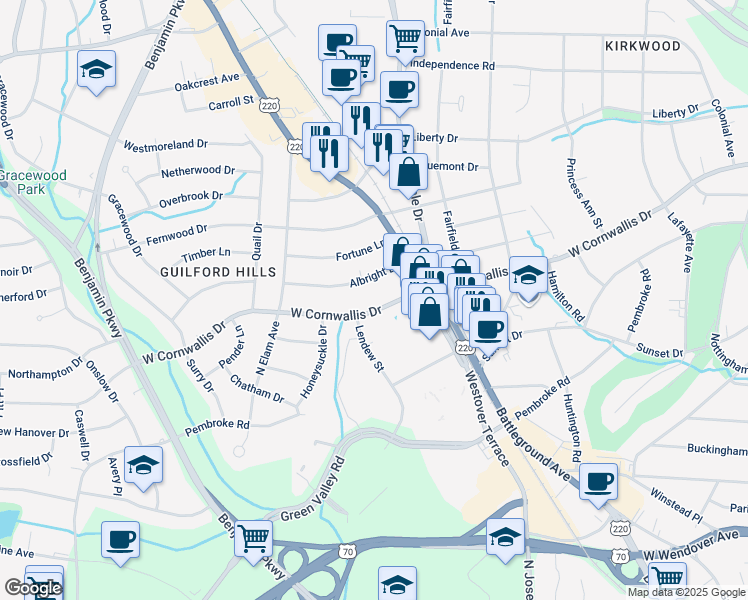 map of restaurants, bars, coffee shops, grocery stores, and more near 2200 West Cornwallis Drive in Greensboro