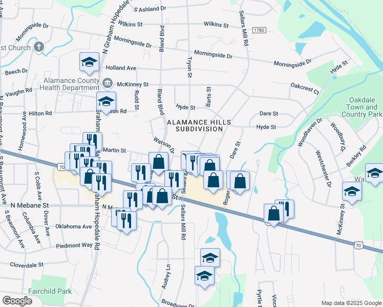 map of restaurants, bars, coffee shops, grocery stores, and more near 2132 Joyce Court in Burlington