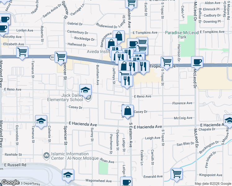 map of restaurants, bars, coffee shops, grocery stores, and more near 5060 Jeffreys Street in Las Vegas
