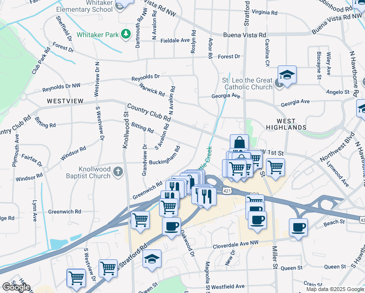 map of restaurants, bars, coffee shops, grocery stores, and more near 110 Buckingham Road in Winston-Salem