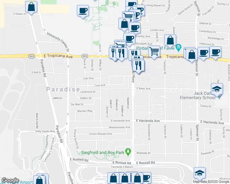 map of restaurants, bars, coffee shops, grocery stores, and more near 5117 Greene Lane in Las Vegas
