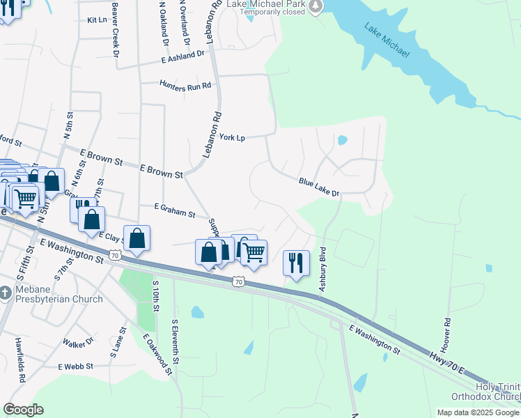 map of restaurants, bars, coffee shops, grocery stores, and more near 420 Mockingbird Lane in Mebane