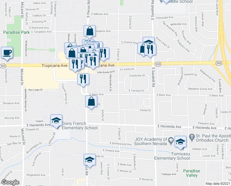 map of restaurants, bars, coffee shops, grocery stores, and more near 3683 Villa Knolls East Drive in Las Vegas