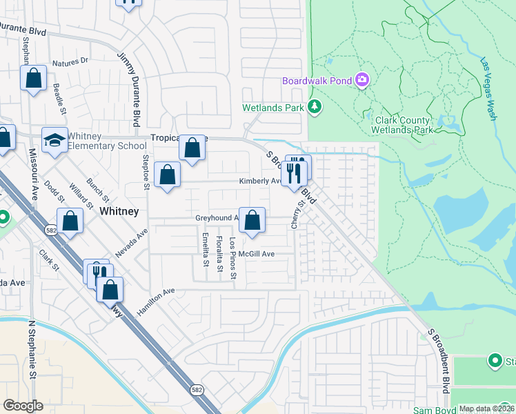 map of restaurants, bars, coffee shops, grocery stores, and more near 6464 East Carolina Dew Court in Las Vegas